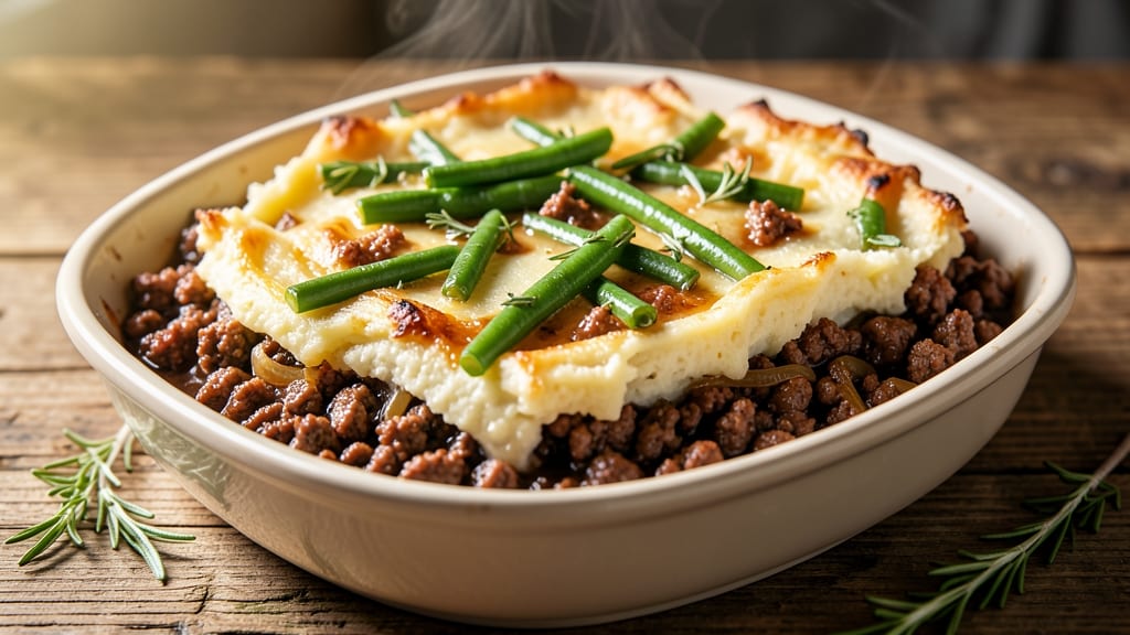 Shepherd's Pie Recipe With Ground Beef and Green Beans: Savory Mashed Potato Top With Herbed Gravy