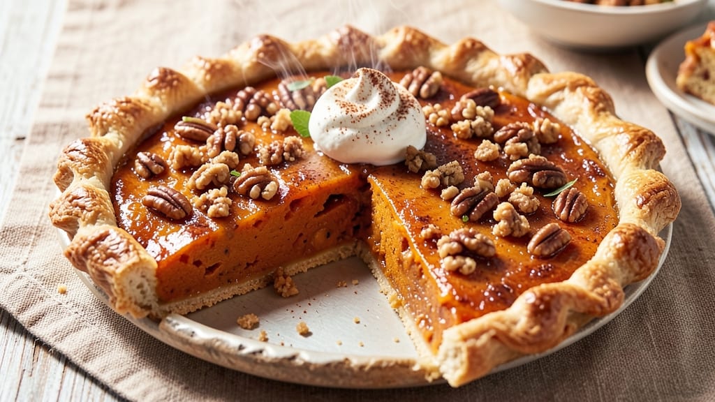 Southern Sweet Potato Pecan Pie Recipe: Crunchy Nut Topping Over Silky Spice-Filled Center