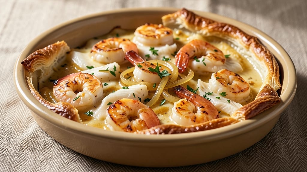 Seafood Pot Pie Recipe With Puff Pastry: Flaky Crust Envelops Creamy Seafood Filling