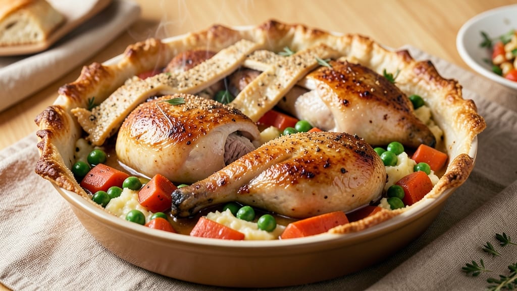 Roasted Chicken Pot Pie Recipe: Flaky Lattice Crust Over Hearty Gravy and Veggies